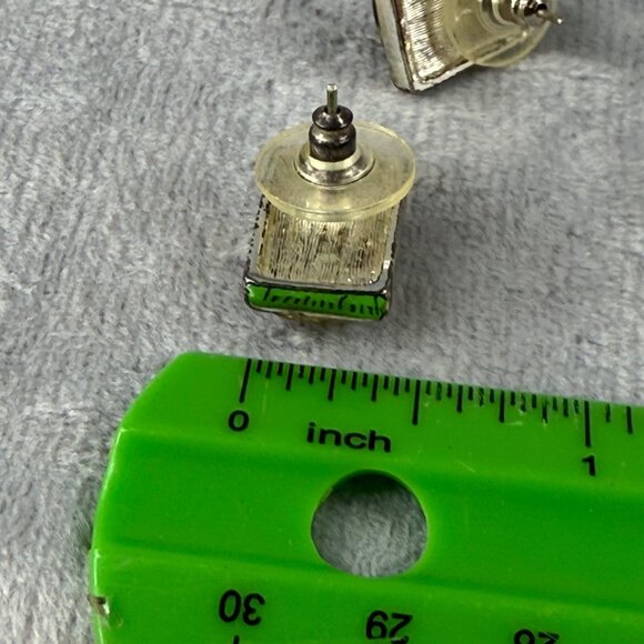 Floral Jewelry Pendant Pierced Earring Set Green Color Center Silver-Tone Frames - Picture 9 of 16